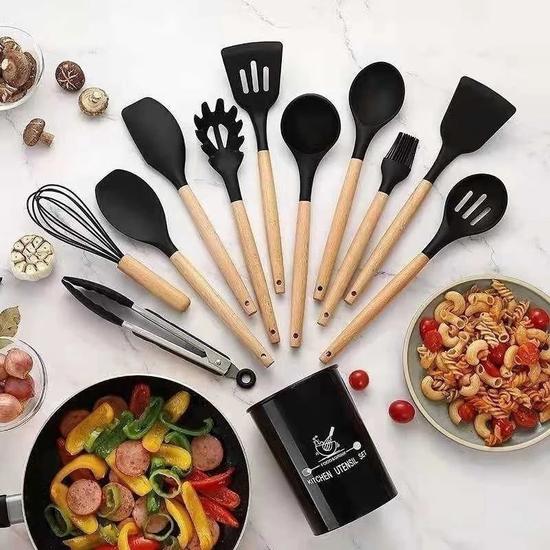 Kit de Utensílios de Cozinha em Silicone e Madeira