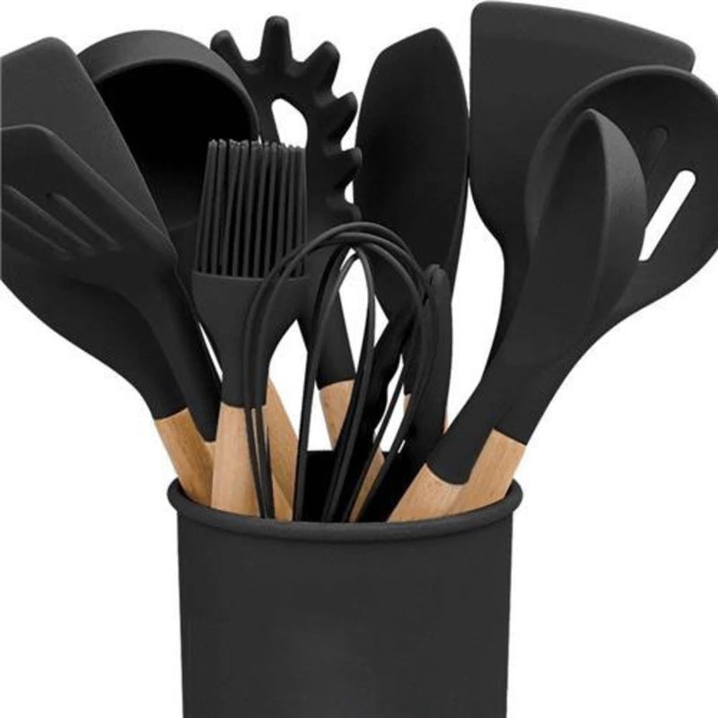 Kit de Utensílios de Cozinha em Silicone e Madeira