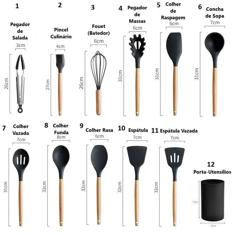 Kit de Utensílios de Cozinha em Silicone e Madeira