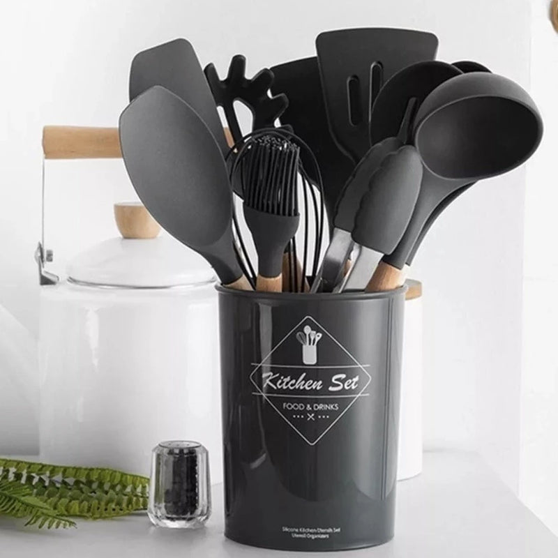 Kit de Utensílios de Cozinha em Silicone e Madeira