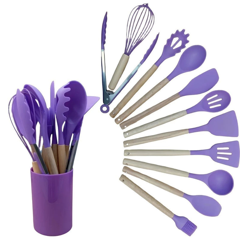 Kit de Utensílios de Cozinha em Silicone e Madeira